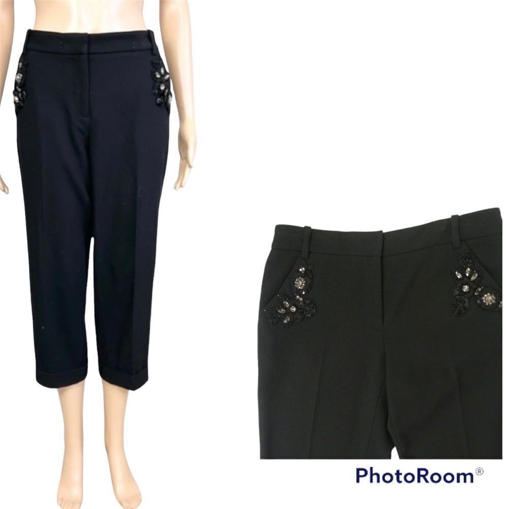 NEW Robert Rodriguez Black Pleated Embellished Pockets Crop Trouser Pants Size 8